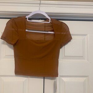 ReoRia rust colored short sleeve crop top with sheer bottom NWT size S